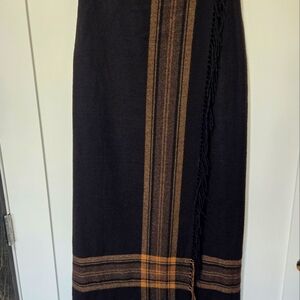DANA BUCHMAN Long 100% Wool Wrap Pencil Skirt with Fringe Sz 4 Black/Brown MIDI